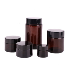 Wholesale Amber Glass Straight Sided cosmetic containers Jars with black lid